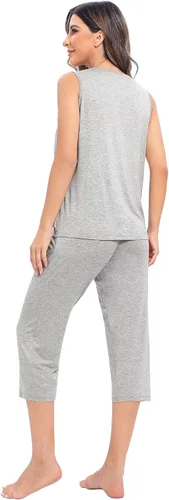 Miniatura 5 de SWOMOG Conjunto de pijama de maternidad para mujer, pijama de lactancia de doble capa, sin mangas, parte superior capri, conjunto de embarazo