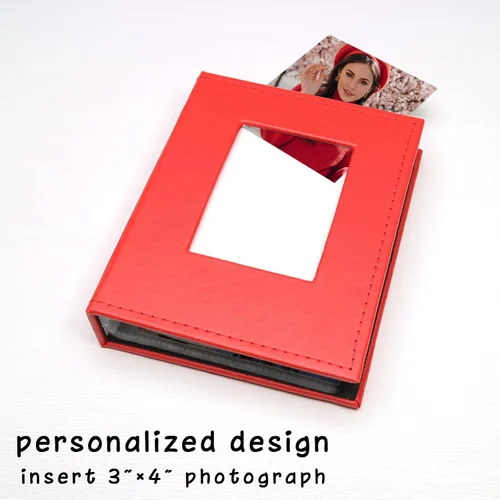 Miniatura 2 de Álbum de fotos pequeño de 4 x 6 pulgadas, paquete de 2 libros de fotos de cuero, cada mini álbum de 26 páginas tiene capacidad para 52 fotos, Rojo