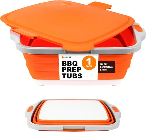 Miniatura 9 de Drip EZ Tina plegable para preparación de barbacoa, para preparación de comidas, marinar, almacenamiento de alimentos, incluye tabla de cortar