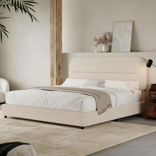 Miniatura 12 de HOMBCK - Base de cama tapizada de tejido bouclé con cabecera suave con diseño de esquinas redondeadas, listones de madera, no requiere somier, fácil