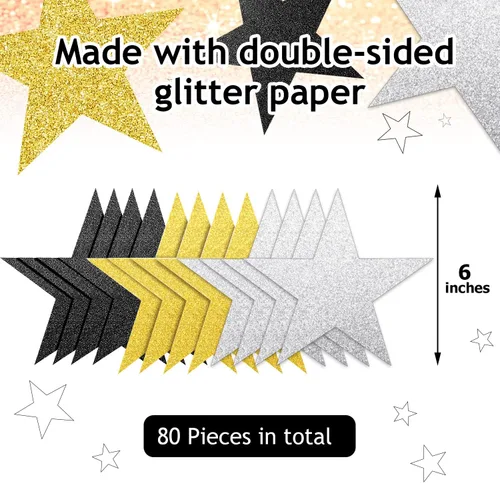 Miniatura 2 de Gejoy 80 piezas de recorte de estrellas con purpurina, decoración de estrellas doradas, estrella de papel doble impresa para noche de cine