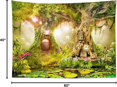 Miniatura 8 de HVEST Tapiz de bosque de cuento de hadas para colgar en la pared, estanque de lirios de agua, árboles mágicos, casas en el país de los sueños, tapiz