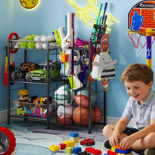 Miniatura 5 de Organizador de equipo deportivo, estante de almacenamiento de pelotas con correas elásticas y canasta removible para organización de garaje