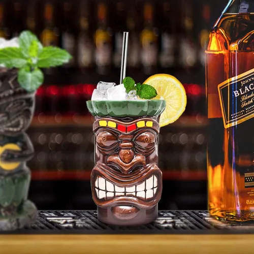 Miniatura 4 de SuproBarware Tiki - Juego de 4 tazas de cerámica hawaiana para fiesta, tazas grandes de fiesta Tiki para cócteles, bebidas tropicales de bar