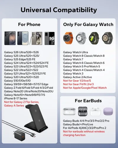 Miniatura 6 de Estación de carga 3 en 1 para Samsung para fundas gruesas de 0.394 in/Otterbox/resistente, cargador inalámbrico para Samsung Galaxy S26 Negro
