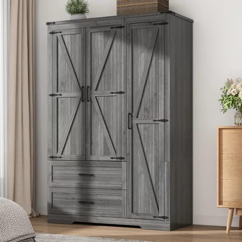 Miniatura 10 de Hlivelood Armario de 3 puertas con puertas y cajones, armario de madera de granja con estantes y barra para colgar para dormitorio, color marrón