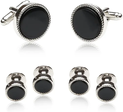 Gemelos y tachuelas de esmoquin acanalados con diseño único francés, para hombre, boda, negocios, para hombres, madreperla y tachuelas con caja de