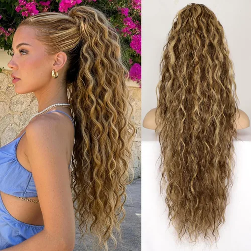 Miniatura 41 de KooKaStyle Extensión de cola de caballo con cordón de 26 pulgadas (66 cm) para mujeres, extensiones de cabello sintético rizado largo para uso