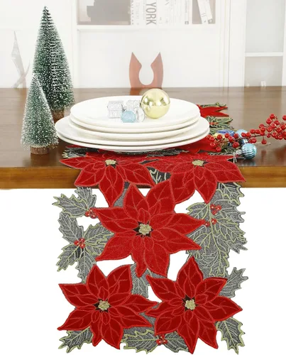 Miniatura 9 de GRANDDECO Camino de mesa navideño para fiestas campestres, bufandas para cómoda bordadas con flores de Pascua navideñas, Navidad, hogar, cocina