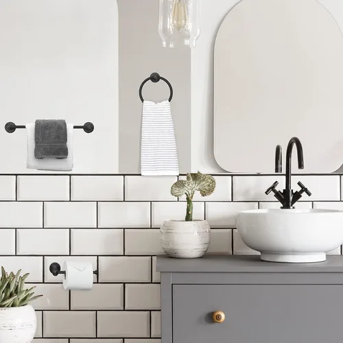 Miniatura 7 de Ilyapa Juego de accesorios de baño negro, juego de 3 piezas para montaje en la pared, barra para toallas, soporte para papel higiénico, anillo