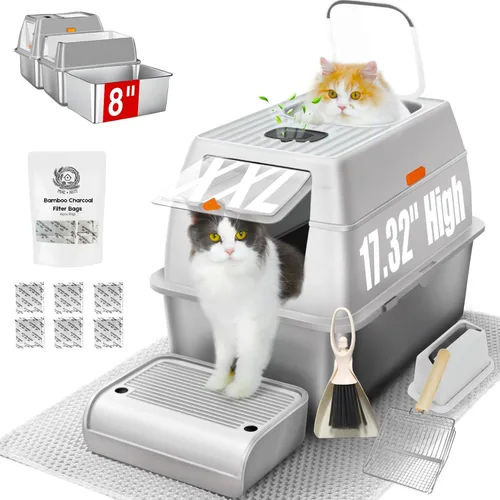 Miniatura 13 de Caja de arena XL de acero inoxidable con tapa, caja de arena de metal completamente cerrada de 6" de profundidad para gatos, a prueba de fugas