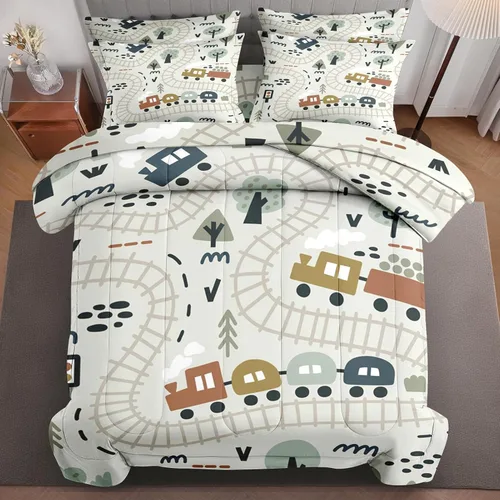 Miniatura 12 de Juego de edredón con funda de almohada tamaño individual, diseño de coche de dibujos animados, tren, mapa de carretera, decoración de cama linda
