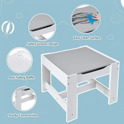 Miniatura 8 de Fireflowery - Juego de mesa y silla para niños, mesa de actividades de madera 3 en 1 con cajón de almacenamiento y pizarra desmontable, escritorio