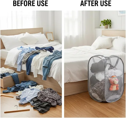 Miniatura 6 de Kimmama Cesta de lavandería plegable grande de malla, plegable con bolsillo lateral, contenedor de almacenamiento de ropa extraíble con asa