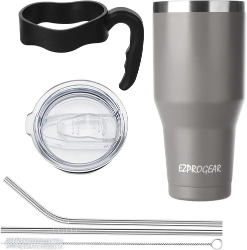 Miniatura 2 de Ezprogear – Vaso con aislamiento al vacío de doble pared de acero inoxidable, con pajilla y asa Azul marino gris