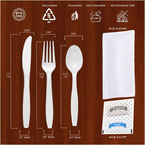 Miniatura 2 de Juego de cubiertos de plástico blanco de peso pesado envueltos individualmente, tenedor, cuchara, cuchillo con servilleta y paquetes de sal