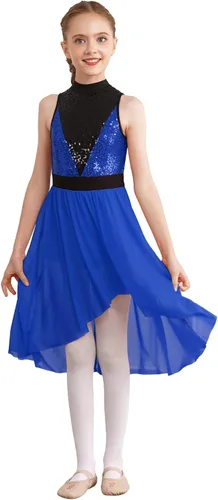 TiaoBug Vestido de baile de ballet lírico con lentejuelas para niñas, falda alta y baja, disfraz de salón moderno y contemporáneo de jazz latino