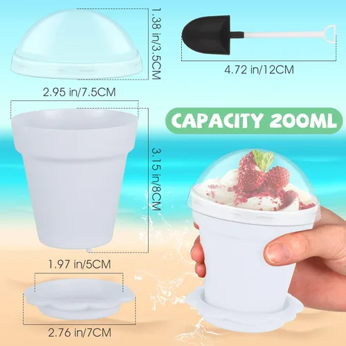 Miniatura 2 de Honeydak Paquete de 50 tazas de plástico para tartas de postre con tapa, pala, cuchara, bandeja inferior, tazas de postre, helado, yogur, Blanco