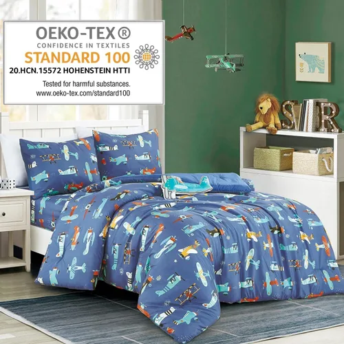 Miniatura 2 de Juego de edredón con estampado de aviones azules para niños, niñas y adolescentes. Ropa de cama tamaño individual para habitación de niños. Incluye