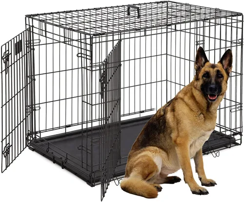 Miniatura 11 de Dopinmin Jaula grande para perros de 42 pulgadas, jaula de doble puerta para mascotas, jaula plegable de alambre de metal con panel divisor, bandeja