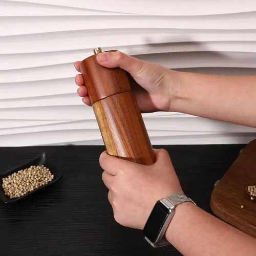 Miniatura 3 de 2 Pieces Acacia Wood Manual Pepper Grinder and Sea Salt Mill Set Handheld Spice Tool for Kitchen(IronWaist-shaped)