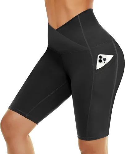 NexiEpoch - Pantalones cortos de ciclista para mujer con bolsillos, 8 pulgadas, pantalones cortos de elastano de cintura alta para verano, correr,