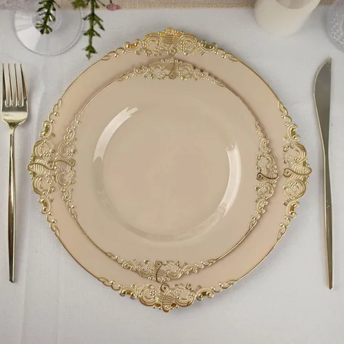 Miniatura 38 de Tableclothsfactory Paquete de 10 platos redondos de plástico barroco dorado de 8 pulgadas para ensalada de postre, vajilla desechable con borde