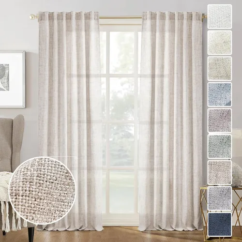 Miniatura 9 de Cortinas de lino 92 pulgadas de largo, juego de 2 paneles con bolsillo para barra, lengüeta trasera, cortinas transparentes para ventanas