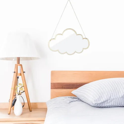 Miniatura 3 de HOMSFOU Espejo de pared colgante nórdico, espejo decorativo en forma de nube con marco de madera y cuerda de cáñamo para baño, dormitorio
