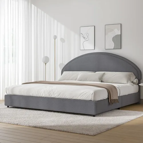 Miniatura 8 de REVOMINCA Base de cama de tamaño matrimonial, marco de cama tapizado Boucle con cabecero, estilo moderno, cama de plataforma suave con cabecera Gris