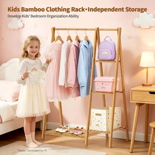 Miniatura 3 de Percheros pequeños para ropa, perchero para colgar ropa de niños, perchero de madera de bambú con estantes, estante de esquina independiente