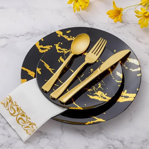 Miniatura 6 de Goodluck Paquete de 50 tenedores de plástico dorados, tenedores resistentes, desechables, cubiertos de plástico perfectos para bodas, fiestas, cenas