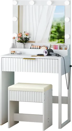 Miniatura 14 de VINGLI - Escritorio de maquillaje con estantes acanalados y espejo con luces y toma de corriente, mesa de tocador pequeña con 2 cajones y 4 estantes