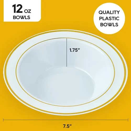 Miniatura 5 de JOLLY PARTY 50 cuencos de plástico con borde dorado, cuencos de sopa desechables de 12 onzas, cuenco de ensalada de postre prémium para Navidad
