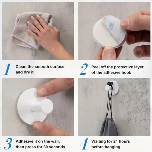 Miniatura 6 de Paquete de 2 ganchos de pared adhesivos blancos de acero inoxidable sin daños, ganchos impermeables para sombreros, para baño, cocina