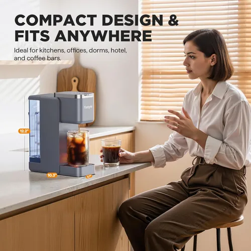 Miniatura 7 de Tastyle Cafetera de una sola porción, máquina de café helado y caliente para cápsulas K y molidos, diseño compacto, depósito de agua extraíble de 40