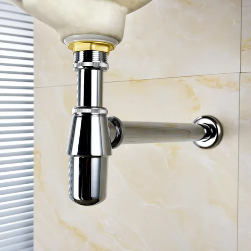 Miniatura 2 de Ciencia Trampa de latón para botellas, fregadero P, trampa cromada montada en la pared del lavabo del lavabo de la botella trampa de residuos