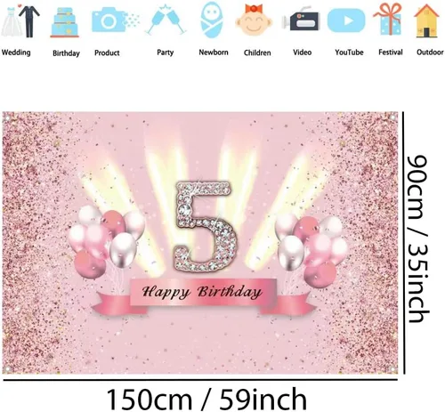 Miniatura 2 de Decoraciones de feliz cumpleaños 5 para niñas, pancarta de fondo para decoración de fiesta, póster de tela de aniversario, fondo de foto rosa