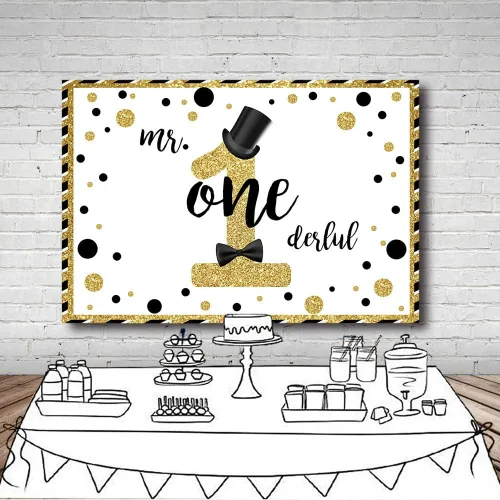 Miniatura 5 de MEHOFOND Mr Onederful - Fondo de cabina de estudio fotográfico negro y dorado con purpurina dorada, sombrero negro, pajarita para decoración