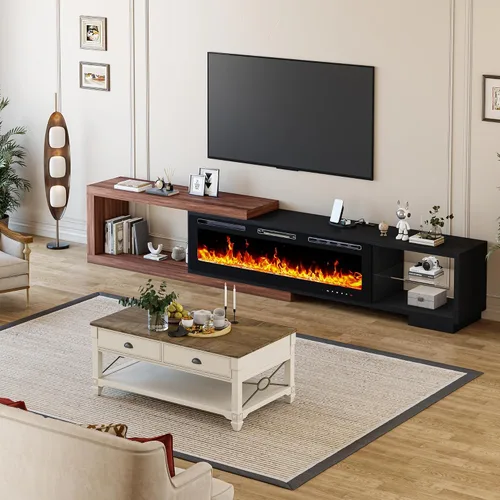 Miniatura 6 de Soporte de TV extensible con chimenea eléctrica de 71 a 116 pulgadas, moderno centro de entretenimiento con luces LED y toma de corriente para TV