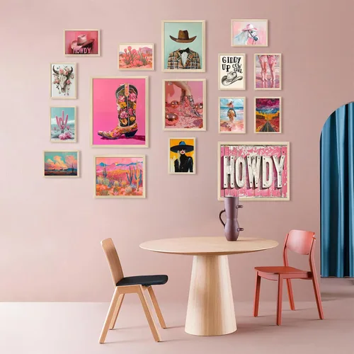 Miniatura 9 de Aroutde Decoración de Pared de Vaquera Rosa, Arte de Pared de Lienzo de Vaquera Occidental Estético Decoración de Habitación Rosa Preppy Cuadros