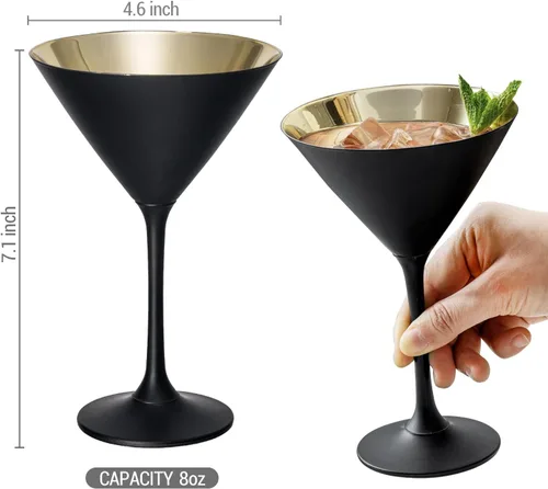 Miniatura 5 de MyGift Copas de Martini modernas de 8 onzas en negro mate y tono dorado metálico plateado, vasos para beber para una fiesta de cóctel, boda o cena
