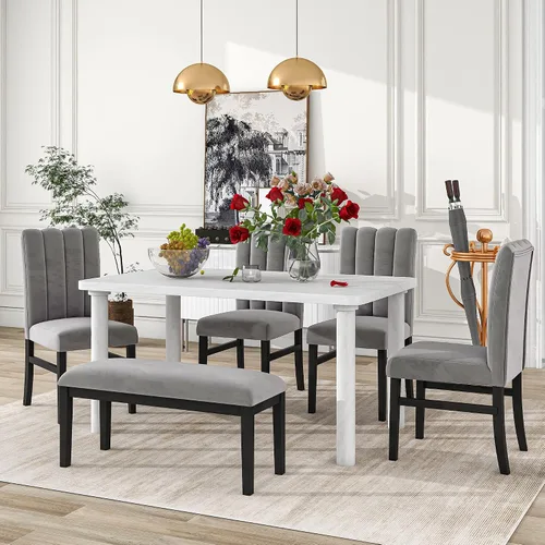 Miniatura 12 de KLMM Elegante y clásico juego de mesa de comedor de madera de 6 piezas con 4 sillas y otomana, adecuado para cocina y comedor
