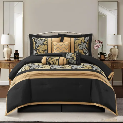 Miniatura 2 de Stratford Park Juego de ropa de cama de 7 piezas con diseño de hojas, color negro, tamaño Queen, diseño jacquard, para todas las estaciones, falda