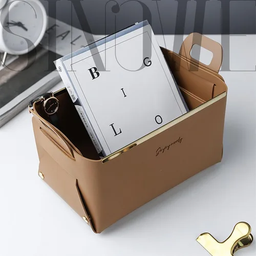 Miniatura 2 de Cesta decorativa de piel sintética, cesta pequeña para entrada, mesita de noche, cómoda, caja organizadora rectangular plegable (marrón)