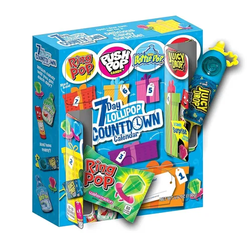 Bazooka Brands - Calendario de cuenta regresiva de 7 días de dulces de Navidad, calendario de Adviento con paletas de caramelo duro de tamaño