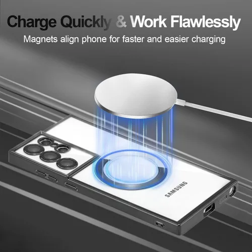 Miniatura 2 de QLTYPRI Funda magnética transparente para Samsung Galaxy S22 Ultra compatible con carga inalámbrica MagSafe, borde galvanizado, suave, delgada, Negro