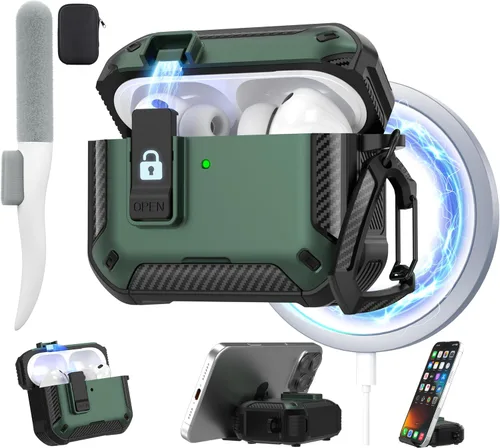 Maxjoy for AirPods Pro 3 Case 2025, MagSafe Compatible with Auto Lock, Shockproof Protective Cover with Phone Stand, Includes Cleaning Kit &