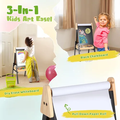 Miniatura 2 de Caballete 3 en 1 para niños pequeños con bandeja de madera, caballete de madera de doble cara con rollo de papel, pizarra magnética y pizarra blanca