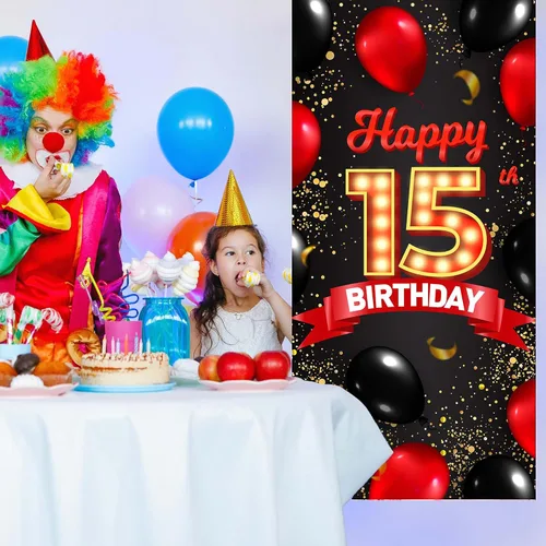 Miniatura 4 de Cartel de feliz cumpleaños número 15 rojo y negro, globos de fondo para decoración temática para niñas y mujeres, princesas de 15 años, suministros